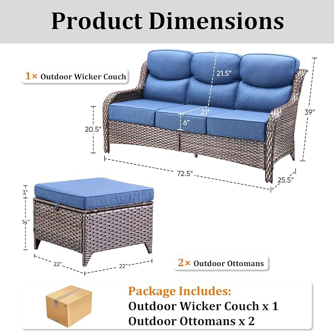 3 Pieces Patio Sofa Set with 6" Thick Cushions, High Back Wicker Sectional Outdoor Sofa with Ottomans, Outdoor Seating Furniture High Back Conversation Set for Balcony Deck Porch Backyard, Brown/Blue