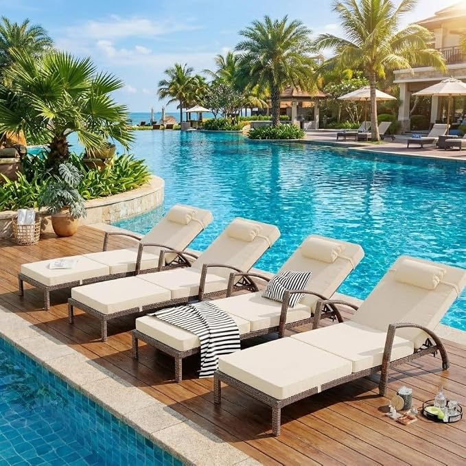GarveeLife Outdoor Wicker Chaise Lounge Chair with Cushion, Metal Frame Patio Reclining Lounge Bed, All-Weather Rattan Sun Lounger for Poolside, Garden, Backyard & Balcon,Brown Wicker, Beige Cushion