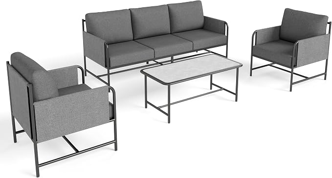 PHI VILLA Patio Furniture Set,Iron Metal Outdoor Furniture Set with Coffee Table, Thick Cushions and Fabric Covered Armrests, Deep Outdoor Sofa for Garden/Porch/Deck(Backyard ICON Collection)