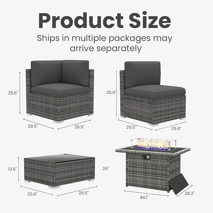 15 Pieces Patio Furniture Set with 44" Propane Gas Fire Pit Table, Outdoor Sectional Wicker Conversation Sofa Sets with Coffee Table
