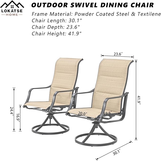 LOKATSE HOME Outdoor Swivel Patio Chairs Set of 2, 360-Degree Stable Rotation Textilene Dining Chair with High Back for Lawn Backyard Deck, Beige