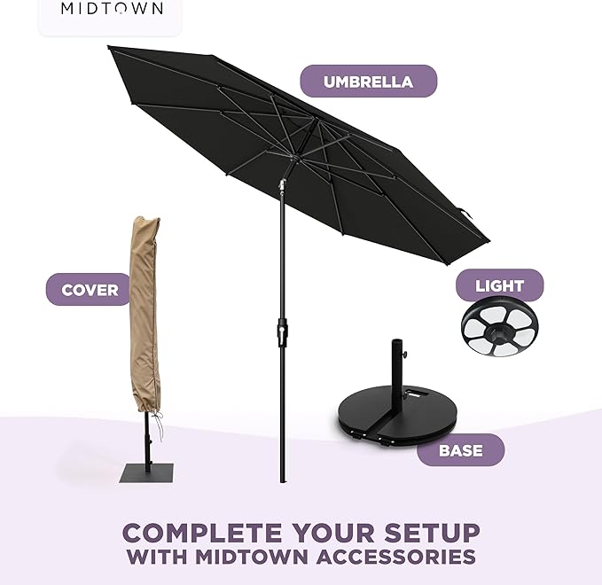 Midtown Umbrellas 10 Feet Aluminum Patio Umbrella With Fiberglass Ribs In Sunbrella Black - Auto-Tilt And 360 Degrees Swivel For Optimal Shade