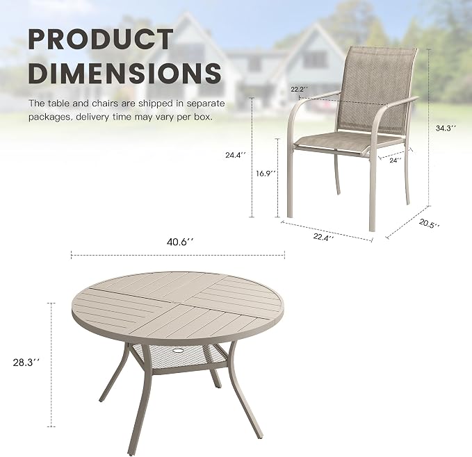 5 Pieces Outdoor Dining Set, Stackable Textilene Paito Chairs & 40.5" Round Dining Table with Umbrella Hole and Shelf, Patio Dining Set for Backyard, Deck, Garden, Sandshell