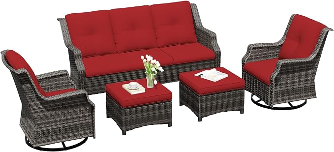 5 Pieces Patio Furniture Set, Outdoor Furniture Set with 2 Patio Swivel Rocking Chairs, 2 PE Rattan Ottoman, 1 Outdoor Wicker Sofa with Thick Cushions, Ideal for Backyard, Garden, Poolside, Red