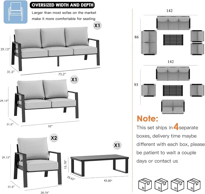 Aluminum Outdoor Patio Furniture Set, 5 Piece Sectional Coversation Sets with Coffee Table, Modern Outdoor Sofa Couch with Thick Cushions for Porch, Balcony, Garden, Light Gray