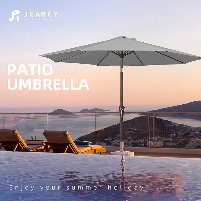 JEAREY 9FT Outdoor Patio Umbrella Outdoor Table Umbrella with Push Button Tilt and Crank, Market Umbrella 8 Sturdy Ribs UV Protection Waterproof for Pool, Garden (Light Gray)