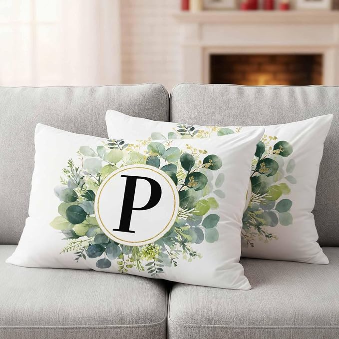 Letter P Waterproof Outdoor Pillow Covers Set of 2 Home Decor, Alphabet Green Eucalyptus Leaves Lumbar Pillowcase Patio Pillow Covers for Couch Bench Patio Furniture Garden 20x12in