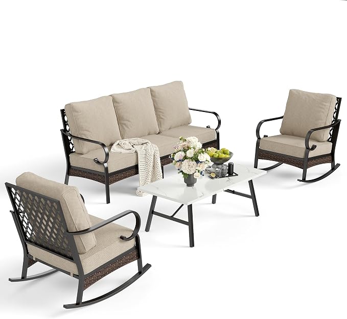 SUNSHINE VALLEY 4 PCS Metal Outdoor Patio Furniture Set, Patio Conversation Sets 1 3-Seater Sofa, 2 Rocking Chairs with 5.75" Extra Thick Cushion & Coffee Table, Black Frame Backyard Furniture, Beige