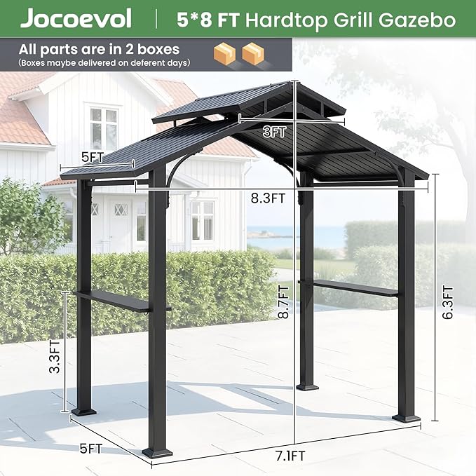 Jocoveol 8 x 5FT Hardtop Grill Gazebo, Outdoor BBQ Gazebo w/Galvanized Steel Double Roof, Metal Grill Canopy w/2 Side Shelves & Hooks, Barbeque Shelter Canopy w/Ceiling Hook for Patio Backyard Garden