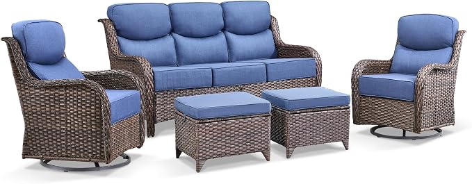 Luxury 5 Piece Patio Furniture Set-All Weather Outdoor Swivel Rocker Chairs with 6" Thick Cushions Multifunctional Ottoman Rattan Patio Conversation Sets for Porch Deck Garden Backyard(Brown/Blue)
