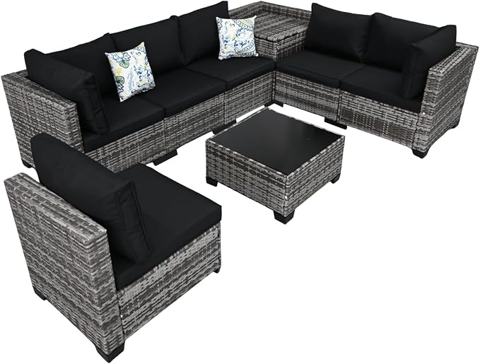 8 Pieces Patio Furniture Set with Storage, Outdoor Sectional Sofas | Storage Box with a Waterproof Bag, Wicker Modular Outdoor Sectional Furniture with Thick Cushions for Deck, Porch, Black