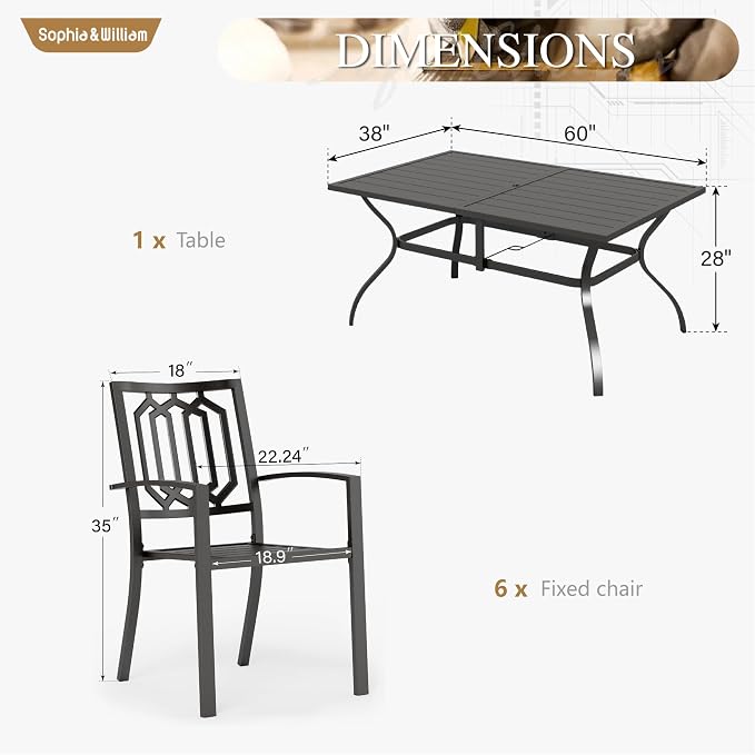 Sophia & William Patio Dining Set Metal Outdoor Table and Chairs Furniture Set 7 Piece, Large 60.2" Dining Table with Umbrella Hole and 6 Backyard Garden Chairs Support 300LBS for Deck, Lawn, Garden