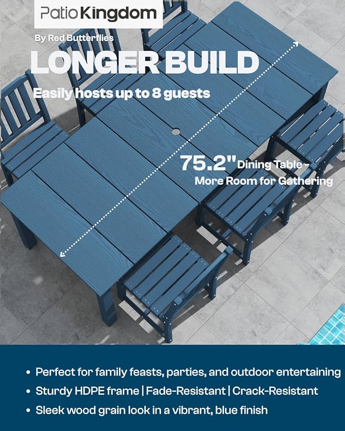9-Piece HDPE Patio Dining Set for 8, 75.2" Table,Navy Blue | HDPE material, umbrella hole design, weather-resistant patio furniture, perfect for yard, lawn, garden, balcony, deck