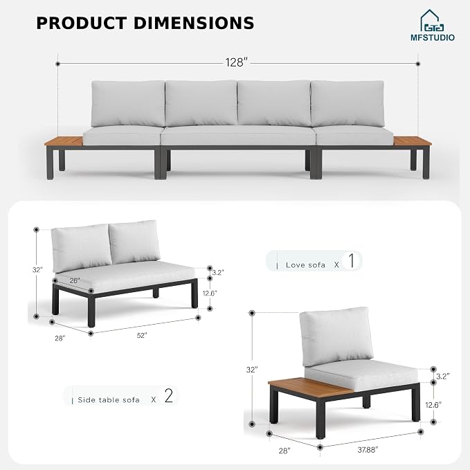 MFSTUDIO 3 Pieces Patio Furniture Set, Outdoor Metal Frame Patio Sectional Sofa Conversation Set with Removable Cushion, 4 Seat Outdoor Sofa for Backyard,Garden,Poolside