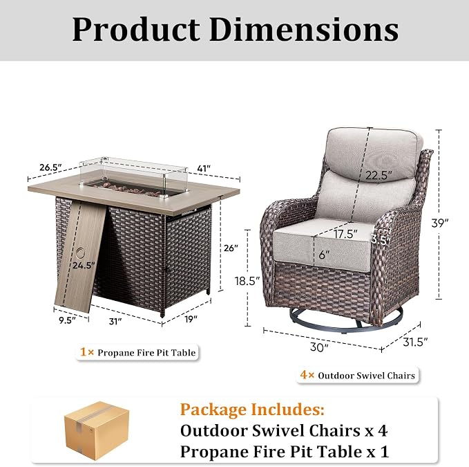 Luxury High Back Patio Furniture Set with Fire Pit Table & 6-Inch Thick Cushions, 5-Pieces Outdoor Furniture w/ 4 Swivel Chairs, Wicker Conversation Set for Porch, Balcony, Deck and Yard, Brown/Beige