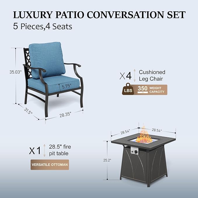 HERA'S HOUSE 5 Pieces Patio Furniture Set with Fire Pit Table, 4 x Thick Cushioned Chairs, 1 x Fire Pit Table (50,000 BTU), All Weather Outdoor Conversation Set for Garden, Backyard, Lawn, Navy Blue