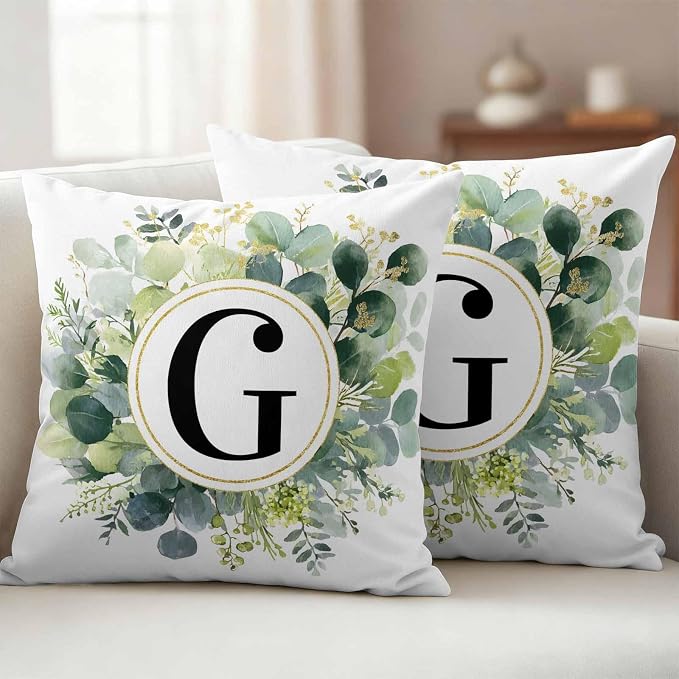 Letter G Waterproof Outdoor Pillow Covers Set of 2 Home Decor, Alphabet Green Eucalyptus Leaves Pillowcase Patio Pillow Covers for Couch Bench Patio Furniture Garden 16x16in