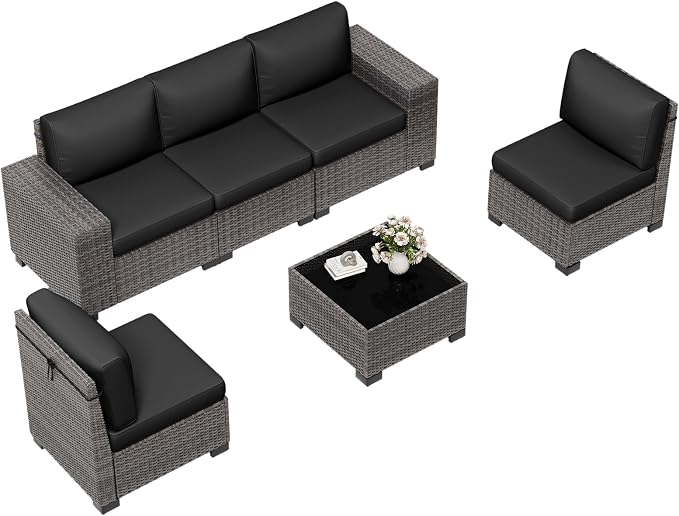 6 Pieces Outdoor Patio Furniture Set with Table Gray Rattan Sectional Sofa Conversation Sets for Balcony Lawn and Garden (Black, 6 pcs w/Table)