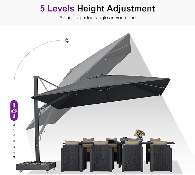 PURPLE LEAF 12' X 9' Space Saving Rectangle Patio Umbrella Large Outdoor Aluminum Offset Umbrella with 360-degree Rotation Cantilever Umbrella for Garden Deck Backyard Pool Grey