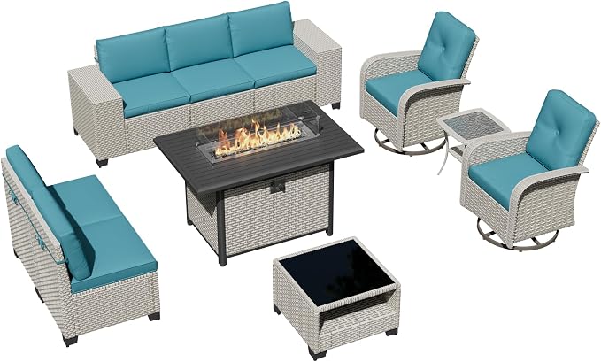 10-Piece Outdoor Patio Furniture Set, Modular Sectional Sofa Set with Swivel Rocker Chairs & Fire Pit, Wicker Outdoor Couch Conversation Sets w/Coffee Table and Cushions, Turquoise