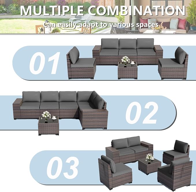 ALAULM 6 Pieces Patio Furniture Set, Oversized Seat/Armrest Sofas and High Back Wicker Sectional Furniture Set with Thick Cushion for Backyard, Garden, Grey