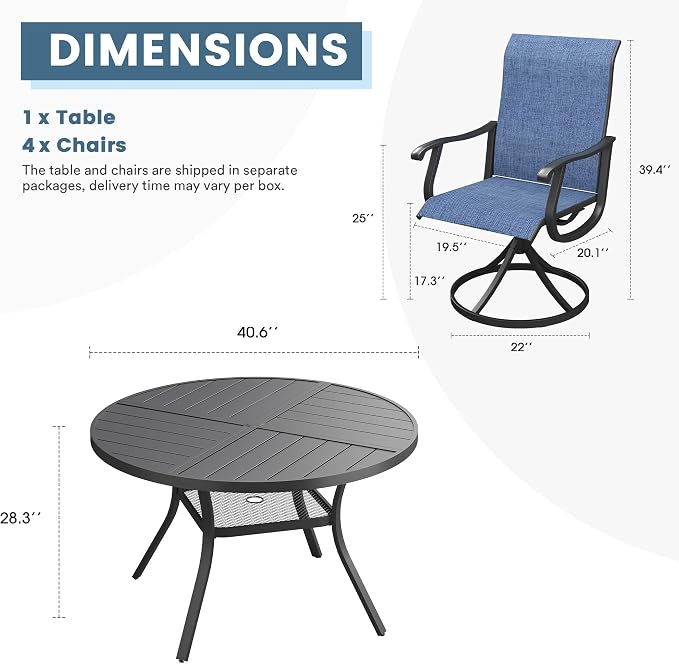 DIFY Patio Table and Chairs Set for 4, 5 Piece Outdoor Dining Set, 40.6" Black Round Metal Dining Table with Umbrella Hole and 4 Blue Textilene Swivel Patio Chairs, for Garden Backyard Deck