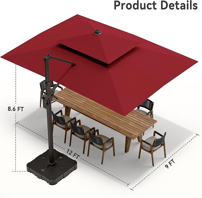 9' X 12' Cantilever Patio Umbrella with Base Included and Led Lights Double Top Rectangular Outdoor Large Offset Umbrellas with 7 Tilts Adjustable 360°Rotation for Deck Pool Garden Backyard, Red