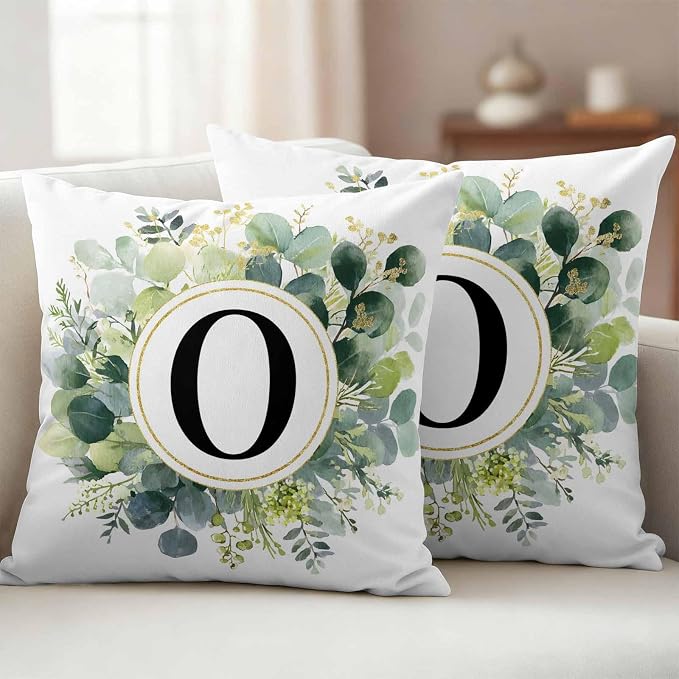 Letter O Waterproof Outdoor Pillow Covers Set of 2 Home Decor, Alphabet Green Eucalyptus Leaves Pillowcase Patio Pillow Covers for Couch Bench Patio Furniture Garden 24x24in
