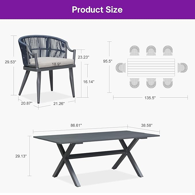 PURPLE LEAF Outdoor Dining Set for 8 with Waterproof Furniture Cover All Weather Patio Dining Set with Rectangular Aluminum Table and Wicker Dining Chairs for Garden Deck Backyard Kitchen, Grey