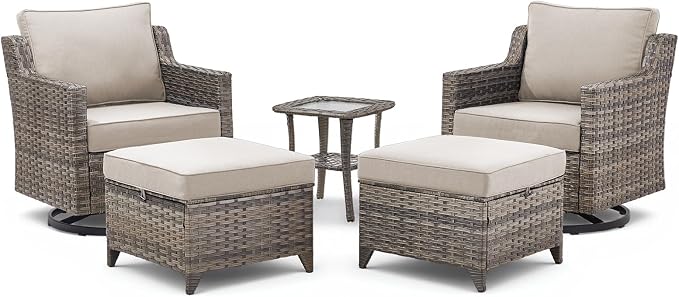 5 Pieces Outdoor Patio Furniture Set-All-Weather Wicker Patio Swivel Glider Chairs with 2 Ottoman and Glass Side Table, Patio Conversation Sets for Porch Balcony Deck - Beige/Grey