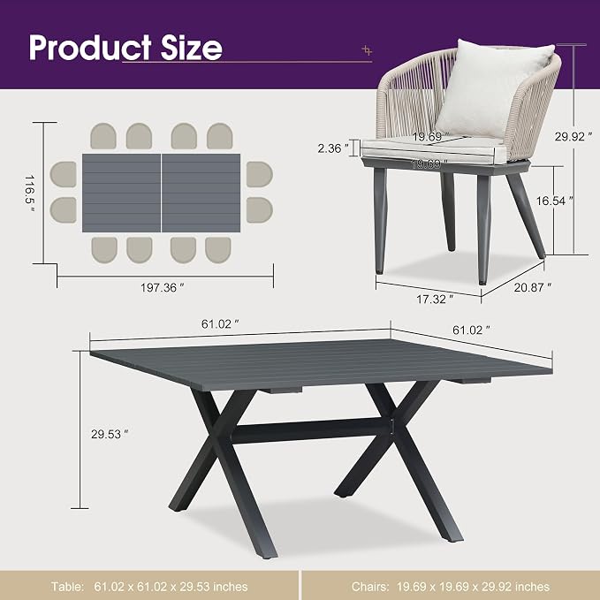 PURPLE LEAF 14 Pieces Patio Dining Set Wicker Outdoor Furniture Oversize Rectangular Table and Chairs Set for Garden Deck Aluminum Frame Backyard Kitchen Set, Cushions and Pillows Included Taupe