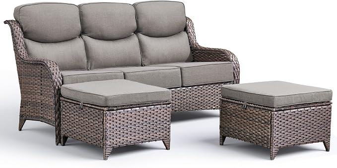 Luxury 3 Pieces Patio Furniture Sets-All Weather Wicker Rattan 3-Seat Sofa Set with Comfy 6" Cushion, Multifunctional Ottomans Patio Conversation Set for Deck Backyard Garden(Brown/Grey)