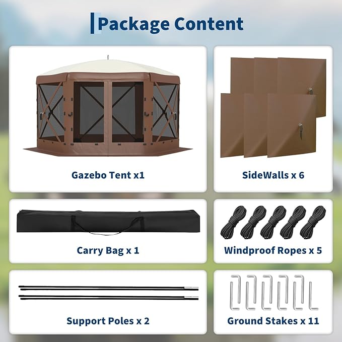 GarveeLife 11.5x11.5FT 6-Sided Pop Up Gazebo Tent,One-Push Setup Canopy Tent with Mesh Panels & Removable Wind Cloths, Outdoor shelter for Camping, Backyard Parties, Outdoor Events - Beige & Khaki