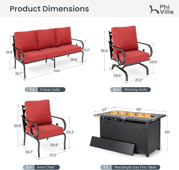 PHI VILLA Patio Furniture Set, 3-Seater Sofa, 2 Fixed Chairs, 2 Rocking Chairs and a 45" Fire Pit Table, Outdoor Metal Conversation Set with 5.75" Extra Thick Cushion for Garden Backyard Deck, Red