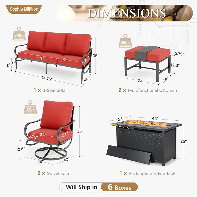 Sophia & William Patio Furniture Sets with 45" Gas Fire Pit Table for 7 Outdoor Conversation Sets 6 Pcs, 2 x Swivel Cushioned Sofa Chairs, 1x3-Seat Sofa, 2xOttomans for Backyard Poolside Red