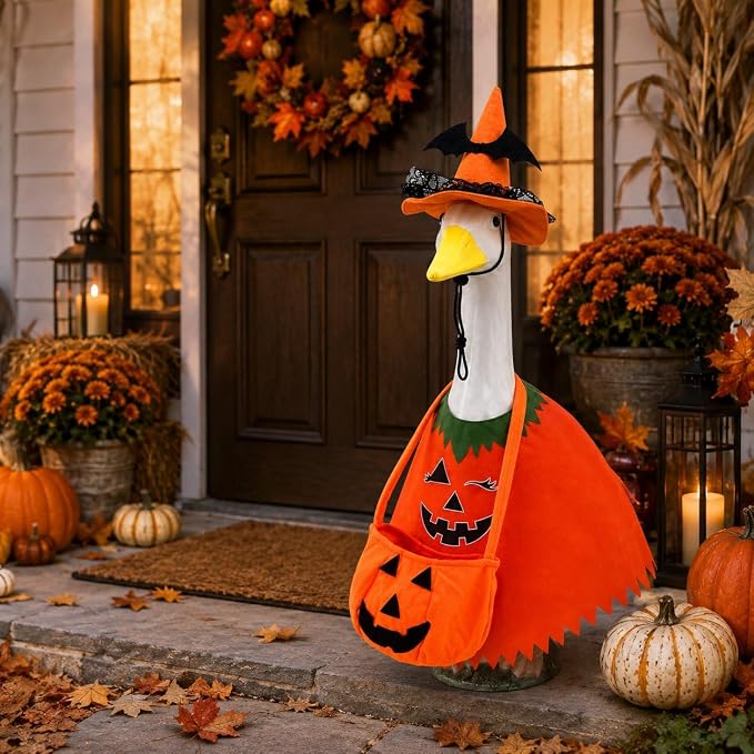 STONESTAR Halloween Porch Goose Outfits for 23'' Lawn Geese Statue Goose Costume with Witch Hat Pumpkin Outfits Candy Treat Bag, Outdoor Garden Goose Decor for Patio Yard Lawn Art Halloween Ornament
