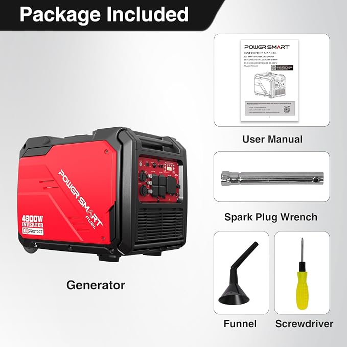 PowerSmart 4800W Portable Inverter Generator, Gas Powered Quiet with Electric Start & CO Alarm, 223cc Engine Eco-Mode Small Generator for Home Backup, Camping and RV Ready