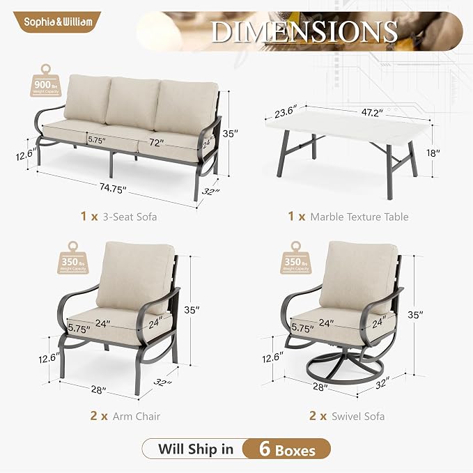 Sophia & William Patio Furniture Sets for 7 Outdoor Conversation Set 6 Pcs with 4 x Armrest Cushioned Sofa Chairs, 1 x 3-Seat Sofa, 1 Marbling Metal Coffee Table Garden Backyard Poolside Beige