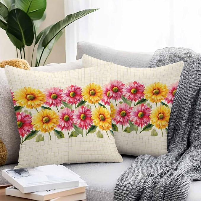 Yellow Pink Daisy Outdoor Pillow Covers 20"x20" Set of 2, Rustic Farmhouse Boho Yellow Plaid Waterproof Throw Pillow Covers for Patio Furniture, Decorative Cushion Covers for Porch