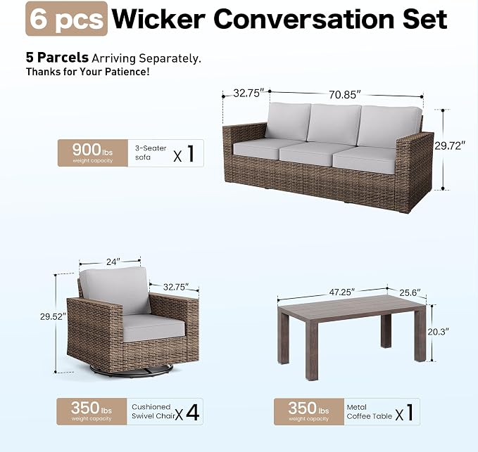 SUNSHINE VALLEY Swivel Glider 6 Piece Outdoor Furniture Set with Swivel Chairs, Wicker Patio Furniture with 4.92" Wide Armrest, 26.3" Deep Seating and 5.5" Thick Cushions, Grey
