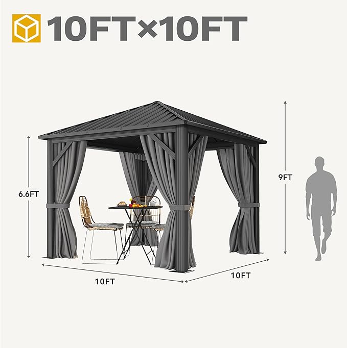 DWVO 10x10ft Hardtop Gazebo with Nettings and Curtains, Heavy Duty Galvanized Steel Outdoor Vertical Stripes Roof for Patio, Backyard, Deck, Lawns, Grey