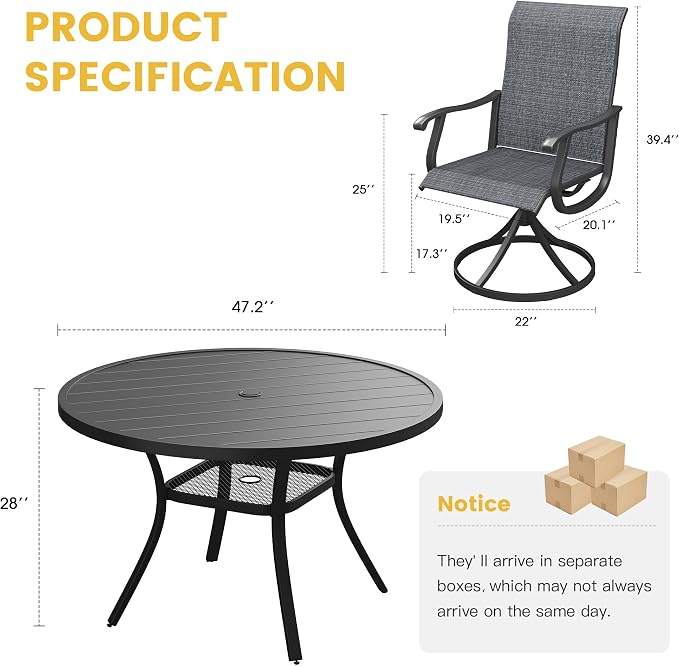 VICLLAX Patio Dining Set for 6, 7 Pieces Outdoor Furniture Includes 47.2" Round Patio Table with Umbrella Hole and 6 Outdoor Swivel Chairs for Lawn Garden, Black Tabletop and Dark Grey Fabric