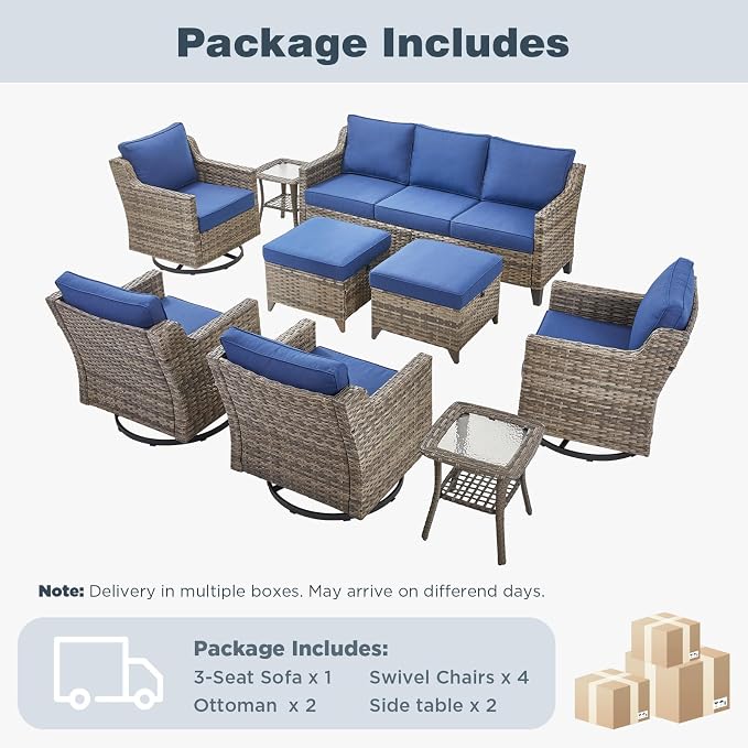 Belord Patio Wicker Swivel Rocker Patio Chairs with 3-Seater Sofa, Outdoor Rattan Chairs for Deck Porch Poolside, 9 Piece Patio Conversation Furniture Set,Blue