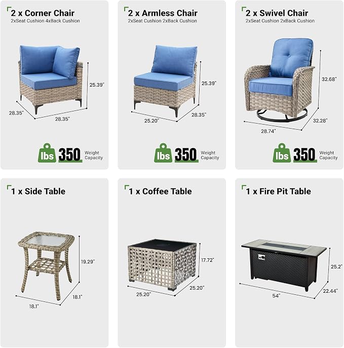 9 Pcs Patio Furniture with Fire Pit Table, Outdoor Rattan Wicker Conversation Set with Glowing Coffee Table, Comfy Sectional Sofa for Porch Balcony Backyard Pool, Light Blue