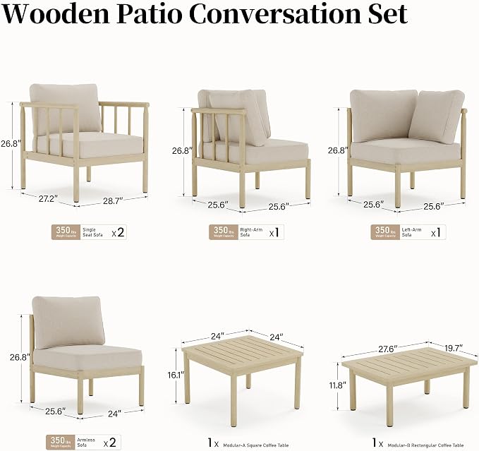 SUNSHINE VALLEY Patio Furniture,Acacia Wood Outdoor Sectional Sofa with 5.5" Ultra-Thick Cushions,Patio Conversation Set,Lawn Garden Backyard Couch Set with Nesting Tables,Beige
