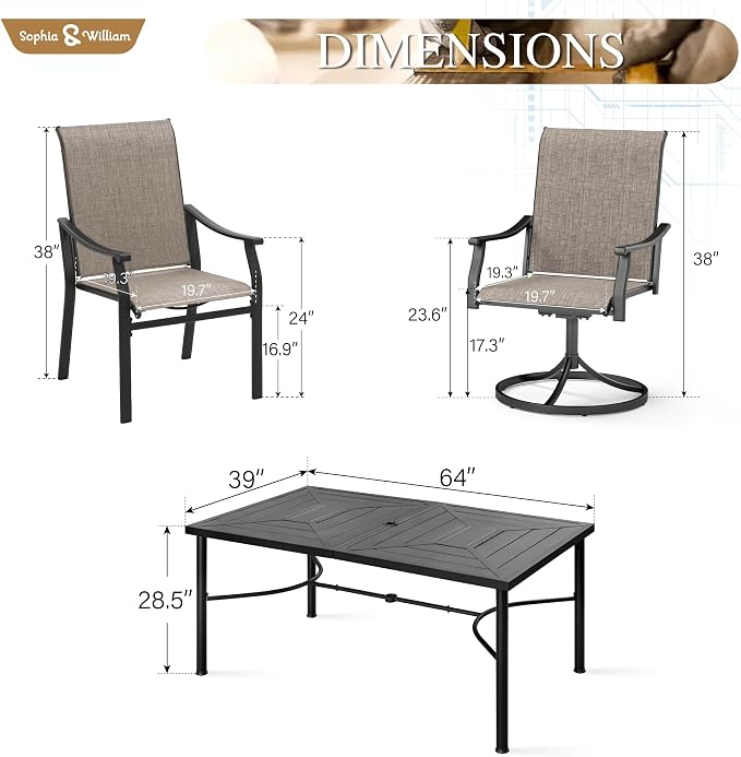 Sophia & William 7 Pieces Patio Dining Set, 4 x Patio Dining Chairs and 2 x Swivel Dining Chairs, 64" Wood Like Top Table, Patio Furniture for Lawn, Park