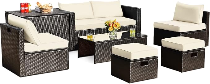 COSTWAY 8-Piece Outdoor Patio Furniture Set, Rattan Sectional Sofa, Armless Chairs, Side Table with Storage Ottoman & Glass Coffee Table, Space-Saving Conversation Set for Garden Deck (White)