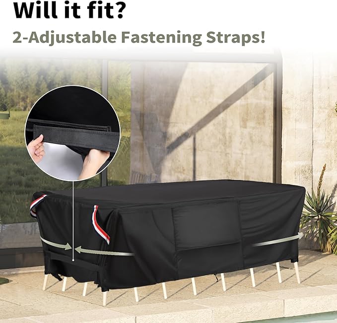 KylinLucky Heavy Duty Waterproof Patio Furniture Covers 90"x64", All-Weather Outdoor Table Cover with UV Protection, Air Vents & Adjustable Straps for Rectangular Dining Set, Black