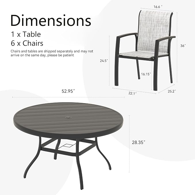 LUMISOL 7-Piece Outdoor Patio Dining Set, Patio Furniture Set with 4 Patio Stackable Dining Chairs and 40.6” Outdoor Metal Round Table, Black+Grey