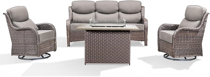 Luxury Patio Furniture Set with 6-inch Thick Cushion, Outdoor Furniture with Fire Pit Table, Swivel Chairs, Sofa, 4pcs Wicker Conversation Set for Deck Yard and Poolside Brown Wicker | Grey Cushions